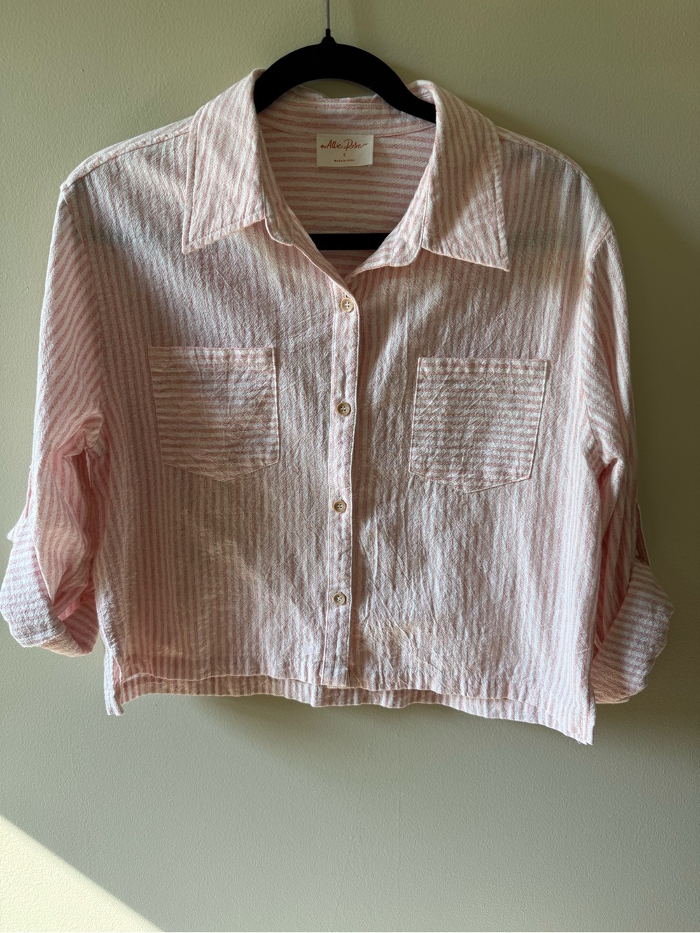 Allie Rose Pink White Striped Cotton Linen Cropped Button Down Shirt Roll Tab